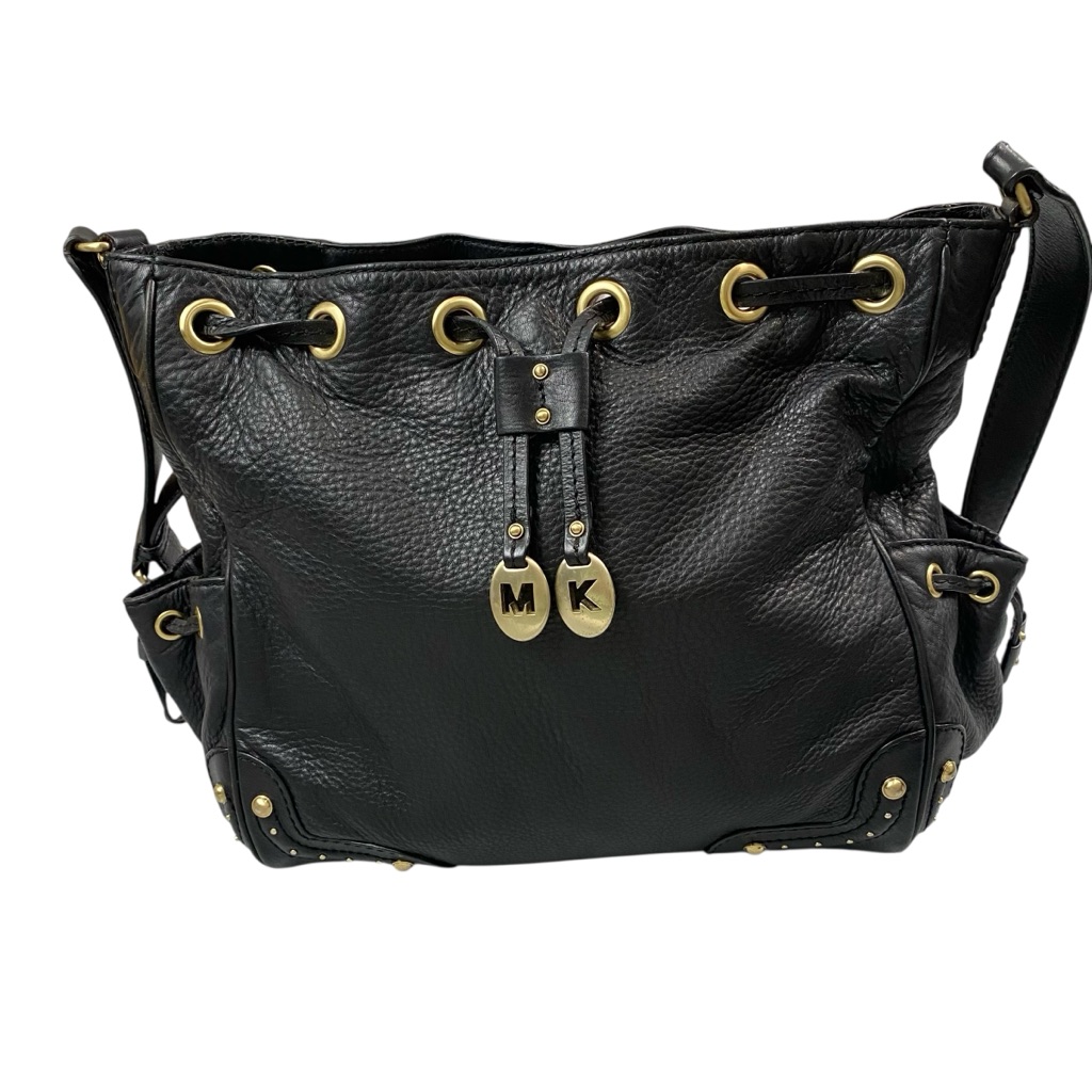 Michael Kors Black Leather Shoulder Bag With Gold Accents Gold Mk Charm Studs